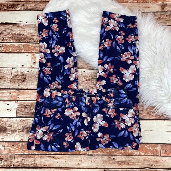 Khakis By Gap Women's Slim City Floral Print Crop Chino Pants Size 0 Blue Pink - Picture 3 of 7